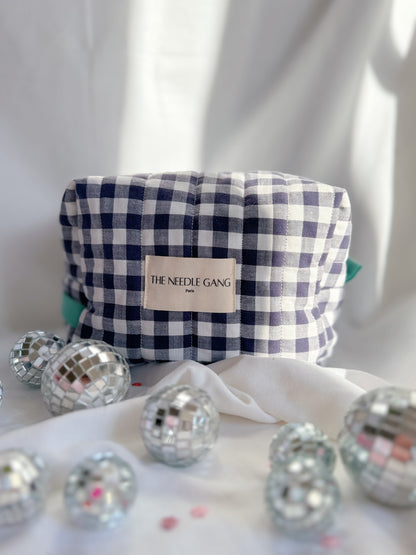 Trousse matelassée - Vichy gris - doublure verte