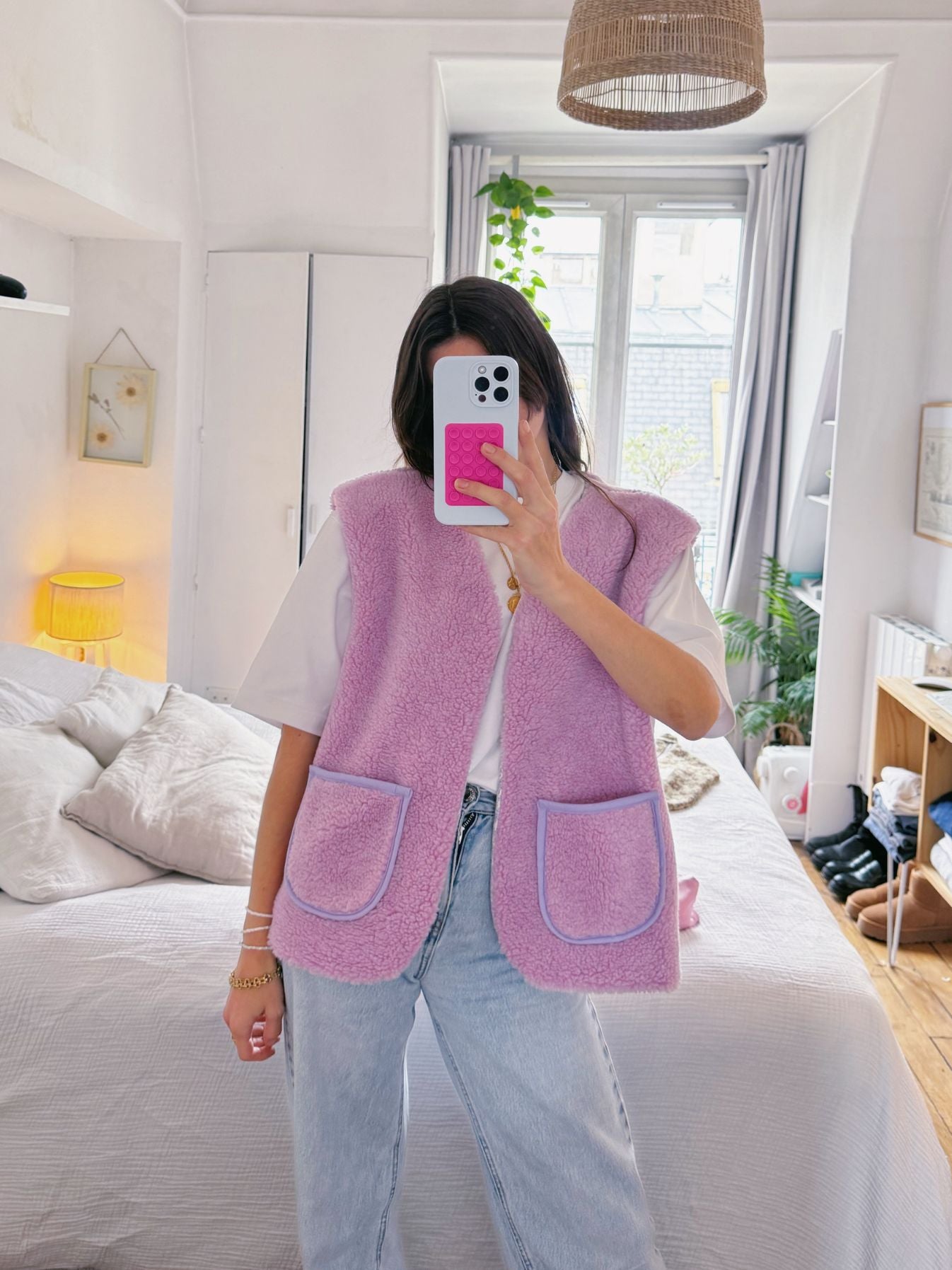 Le gilet réversible - sherpa mauve et doublure à fleurs - PRE-COMMANDE